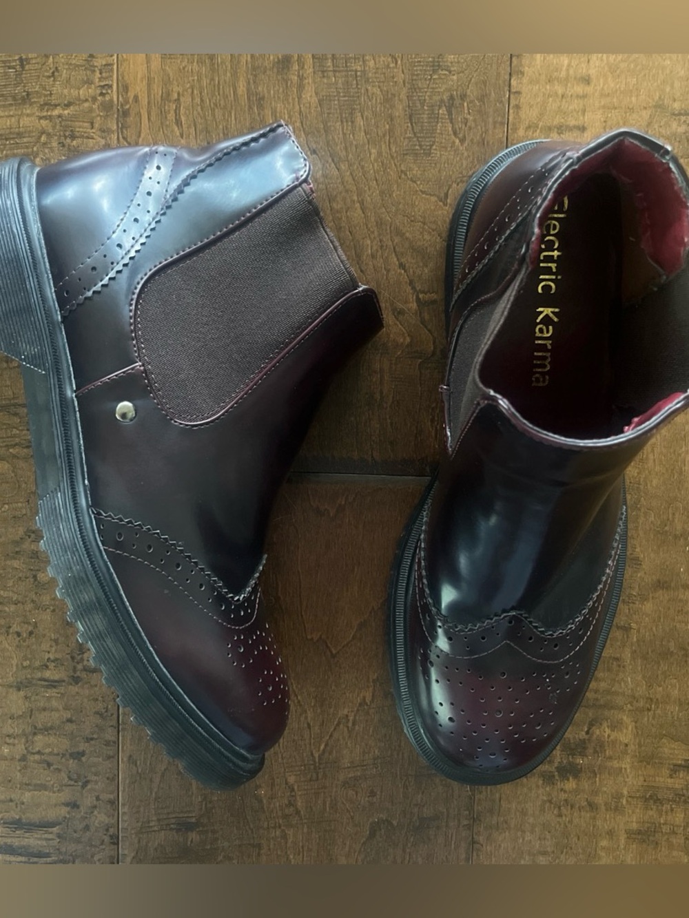 Electric Karma “London" burgundy patent leather brogue Chelsea ankle boots